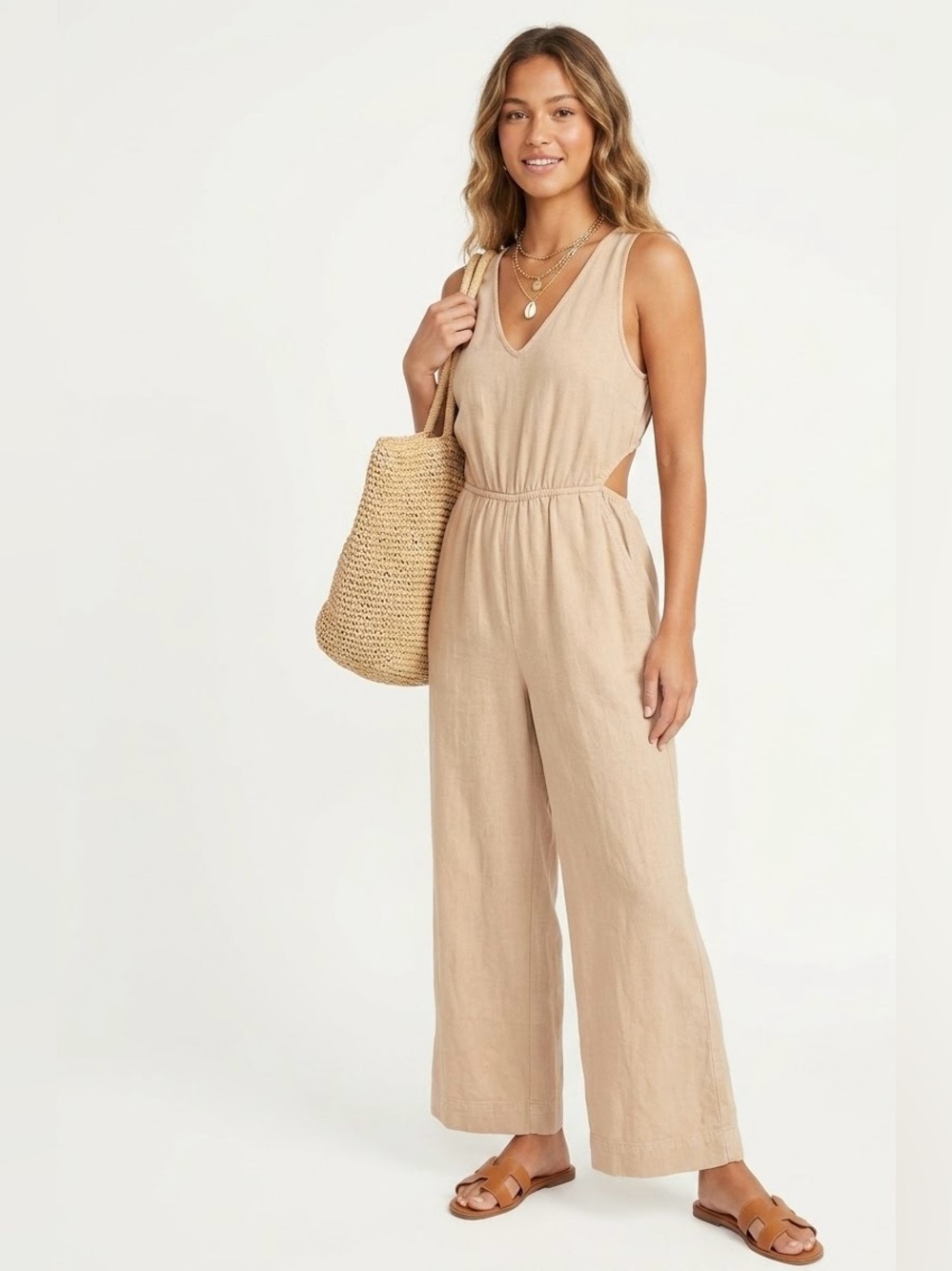 Universal Thread $35 P2P17 Linen blend Sleeveless Cutout Wide-Leg Jumpsuit Tan S